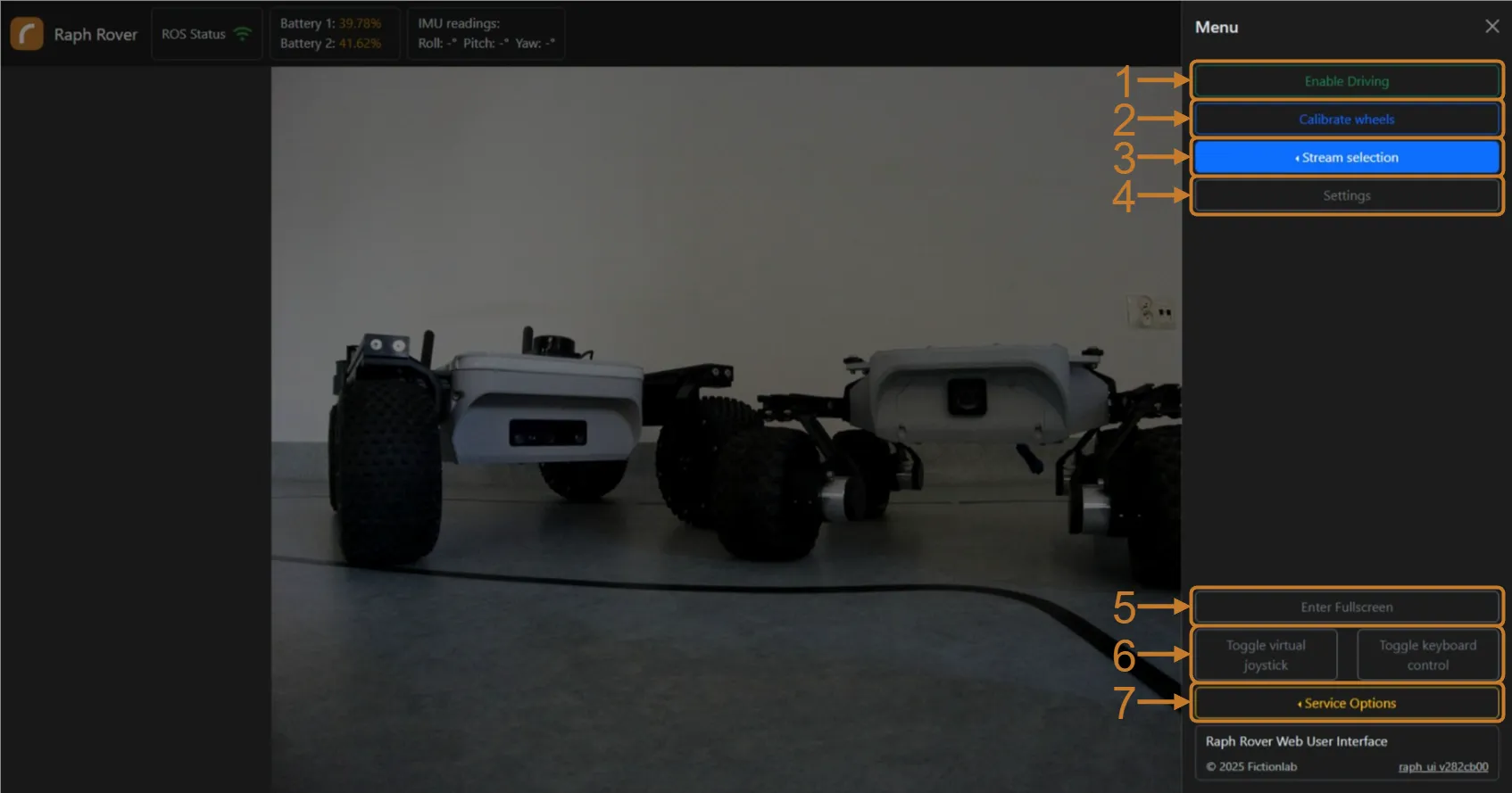 Overview of Raph Rover Web User Interface menu components